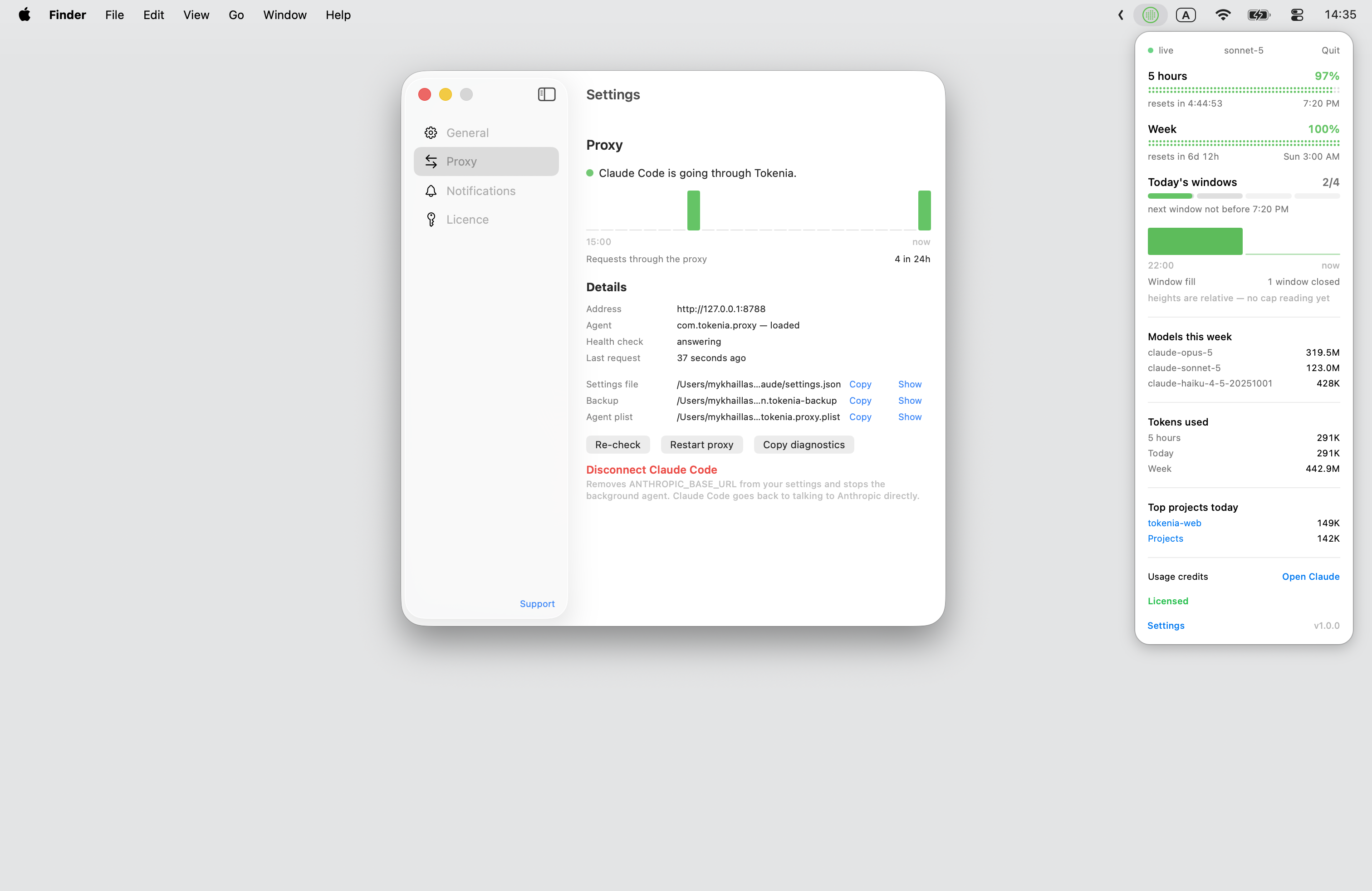 Tokenia showing usage across every Claude Code window at once